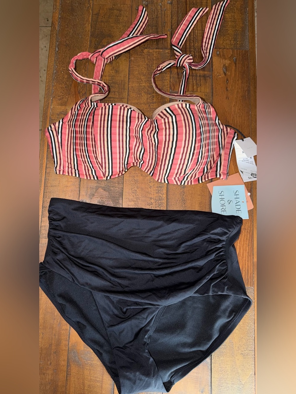 Target Pink Striped Underwire Bikini Top with Black High-Waist Bottoms